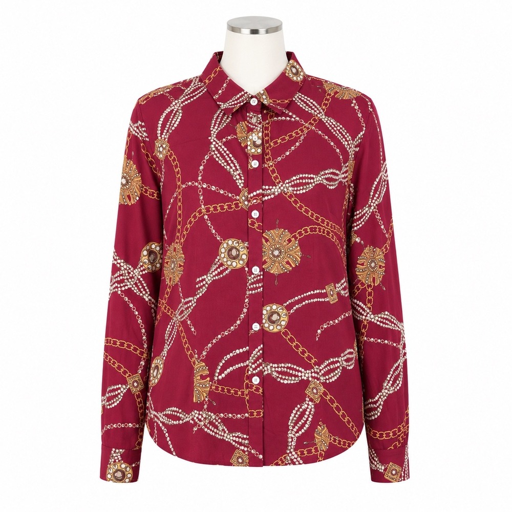 Talbots Haberdashery Shirt Womens 14 Red Chain Print Stretch Cotton Sateen Top